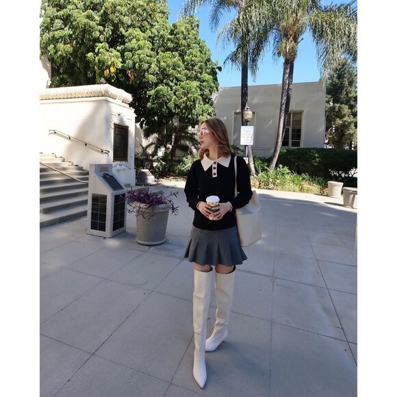 Women White Polyurethane Over the Knee Square Toe Block Heel Long Zipper Boots - Picture 4 of 9